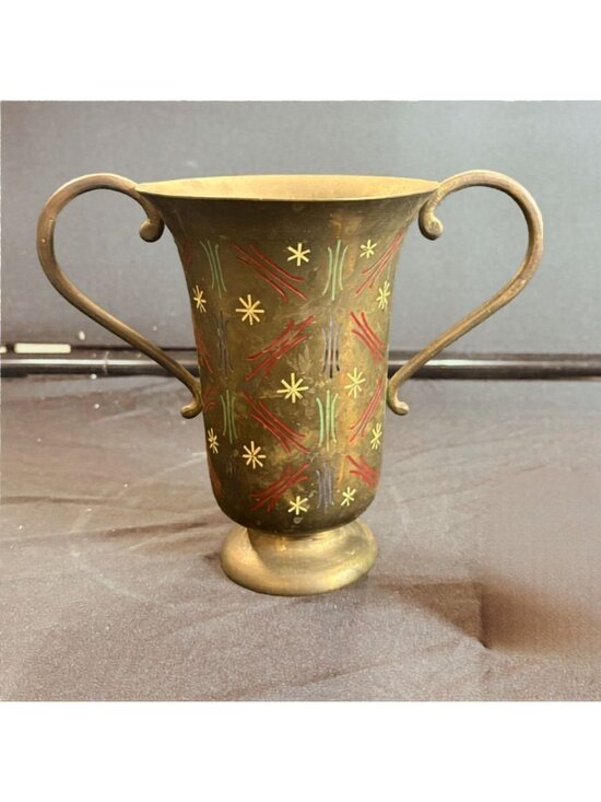 Vintage Other - Vintage 1960s Indian Brass Trophy Vase with Atomic Starburst Enamel Design - MCM